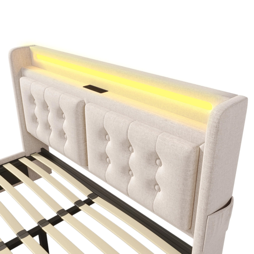 Letto matrimoniale 140x200 beige con LED e 4 cassetti