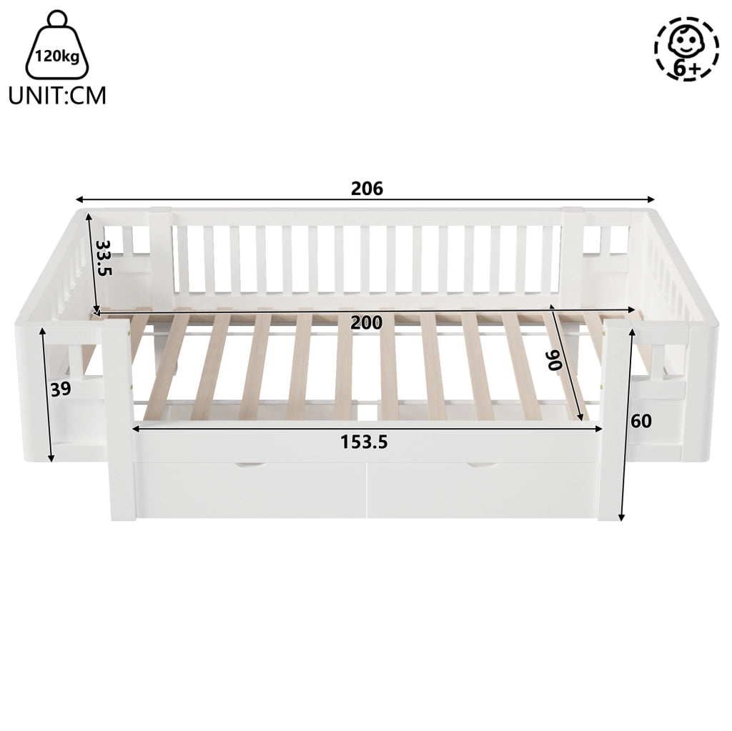 Letto singolo per bambini 90x200 cm con sponde e 2 cassetti bianco