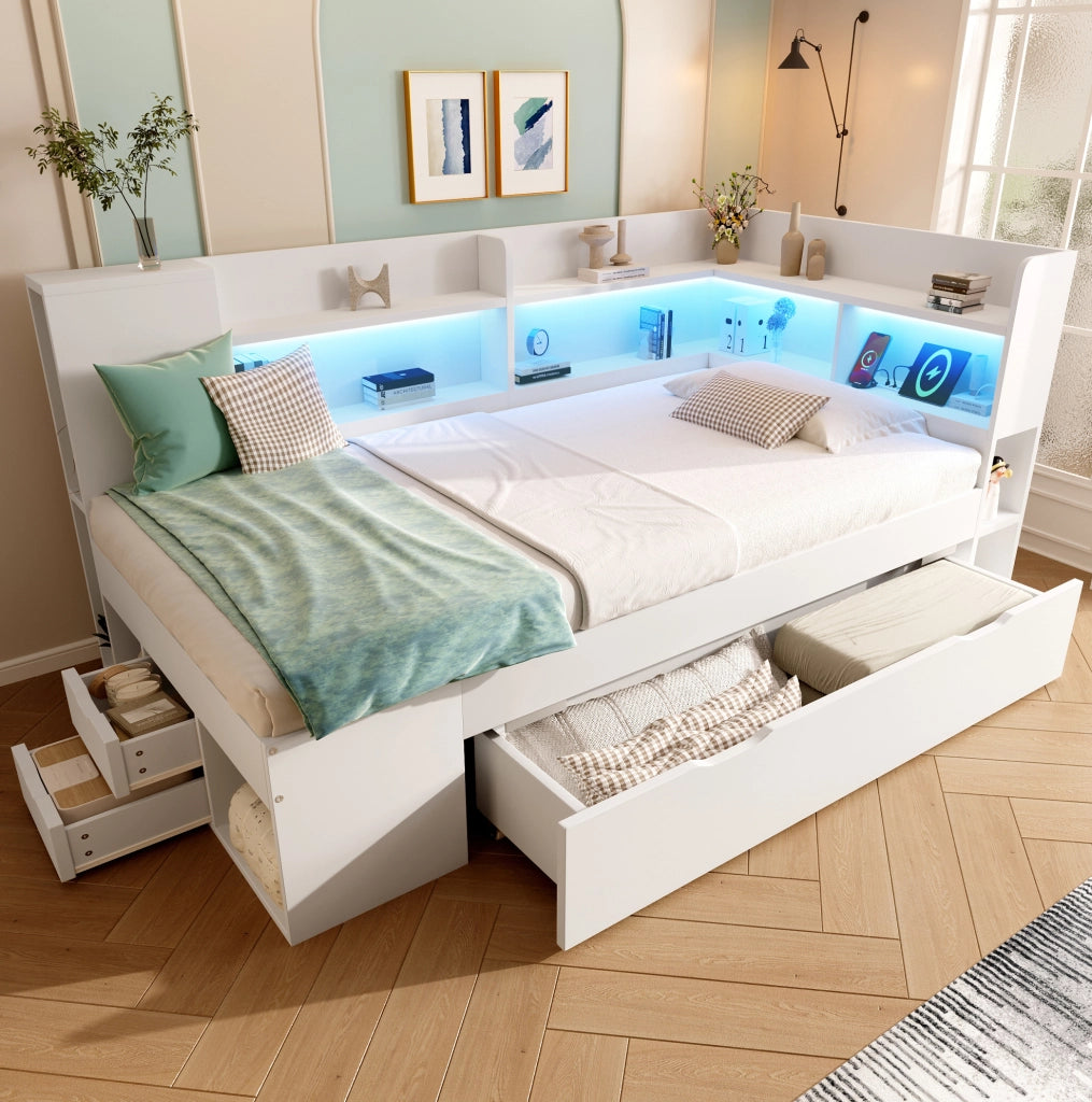 Letto singolo 90x200 cm in legno bianco con LED, USB e Type-C, contenitore e ripiani
