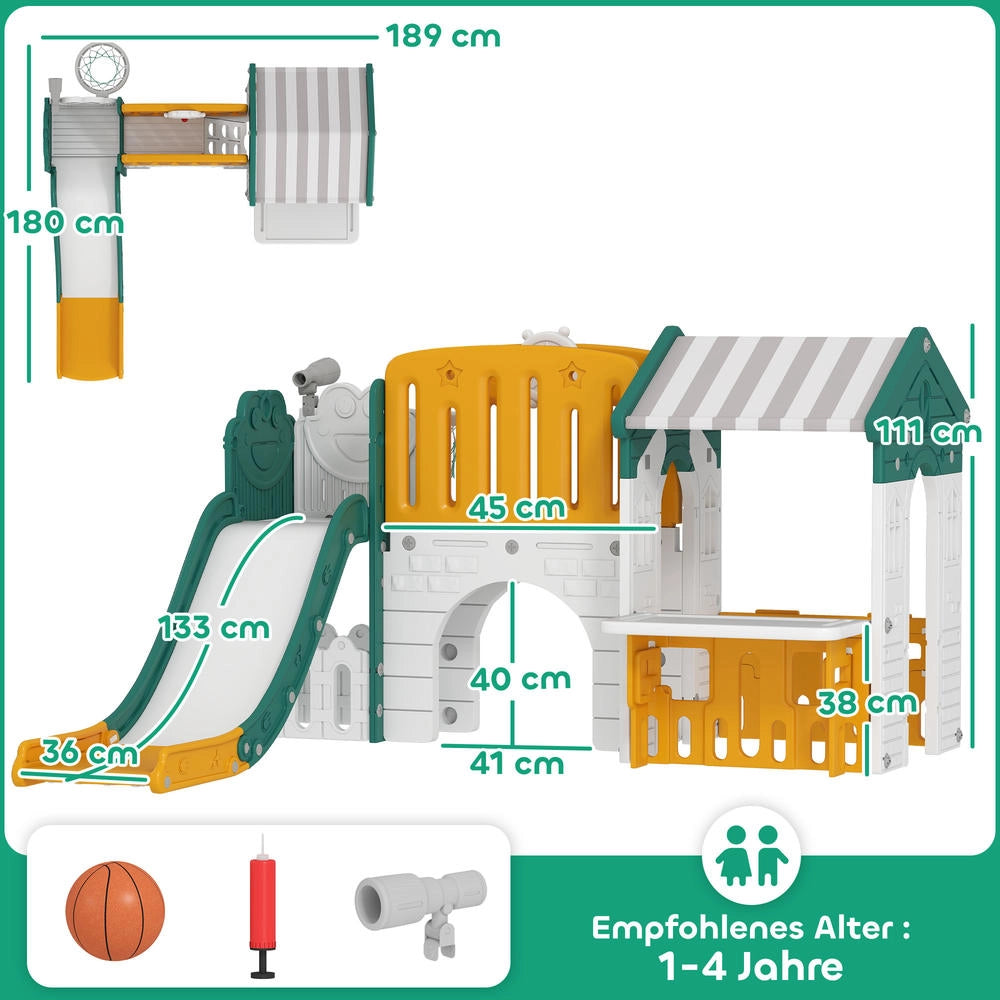 Set 7 in 1 Scivolo per Bambini e Parco Giochi da Interno in Plastica Giallo e Verde con Canestro e Lavagna