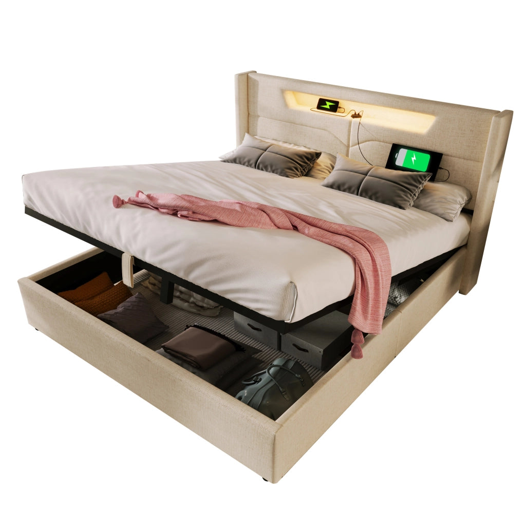 Letto matrimoniale contenitore 140x200 beige con luci LED