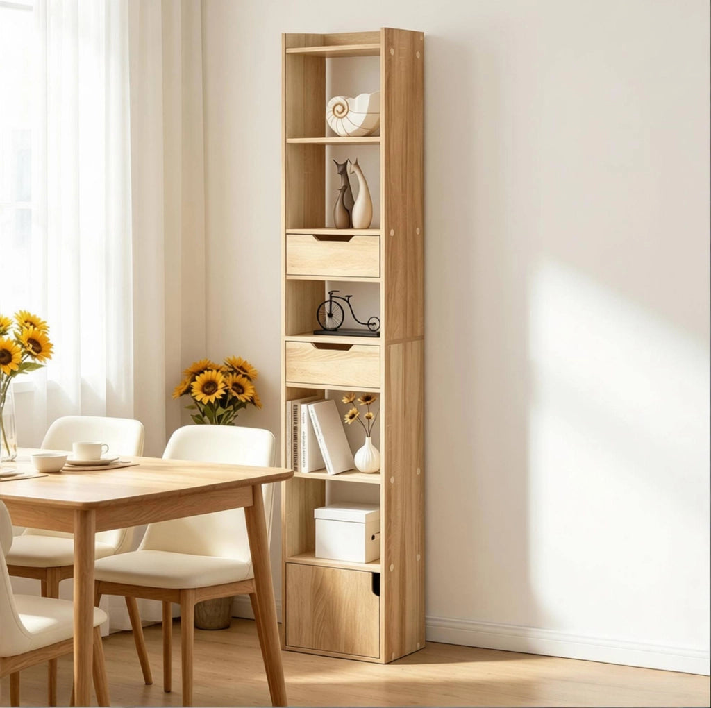 SCAFFALE 33 x 181 x 24 cm rovere chiaro con 6 ripiani e 2 cassetti