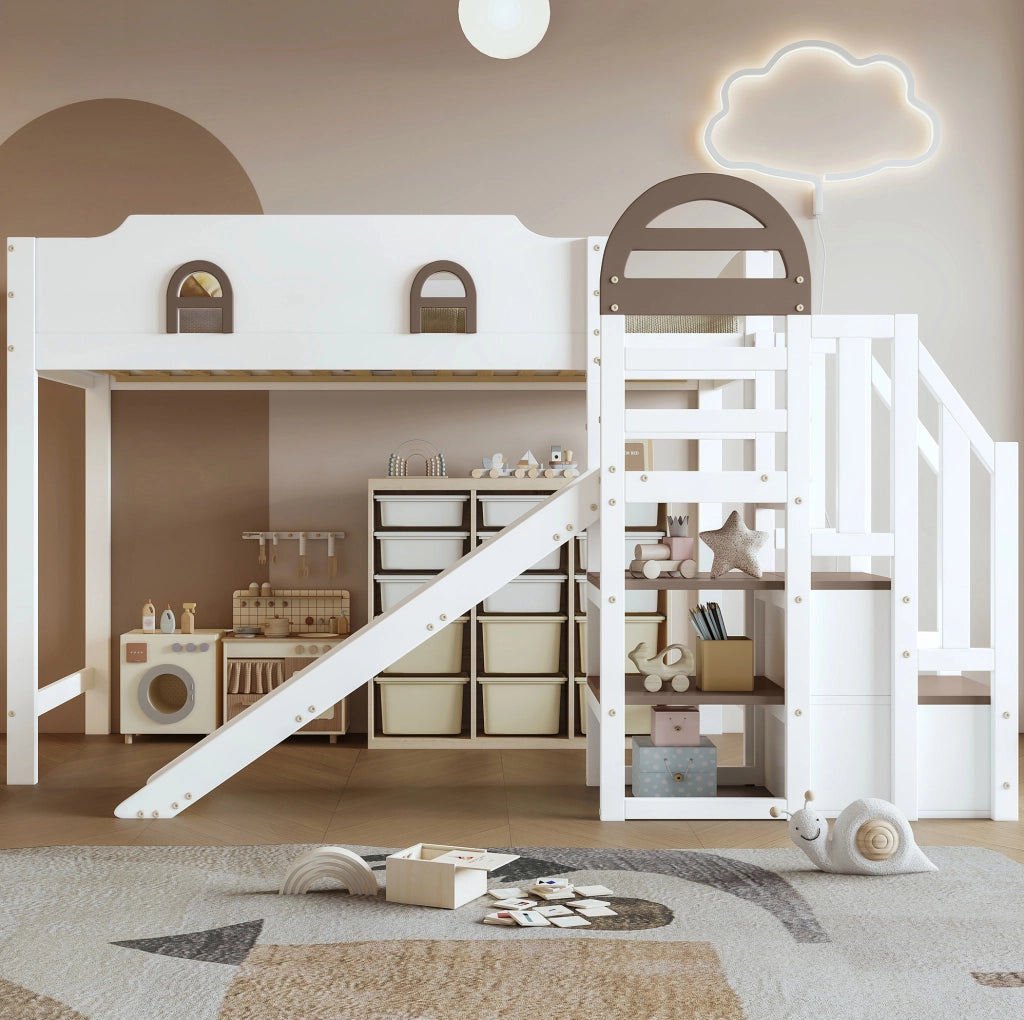Letto a castello per bambini 90x200 cm con scivolo e scala contenitore; bianco