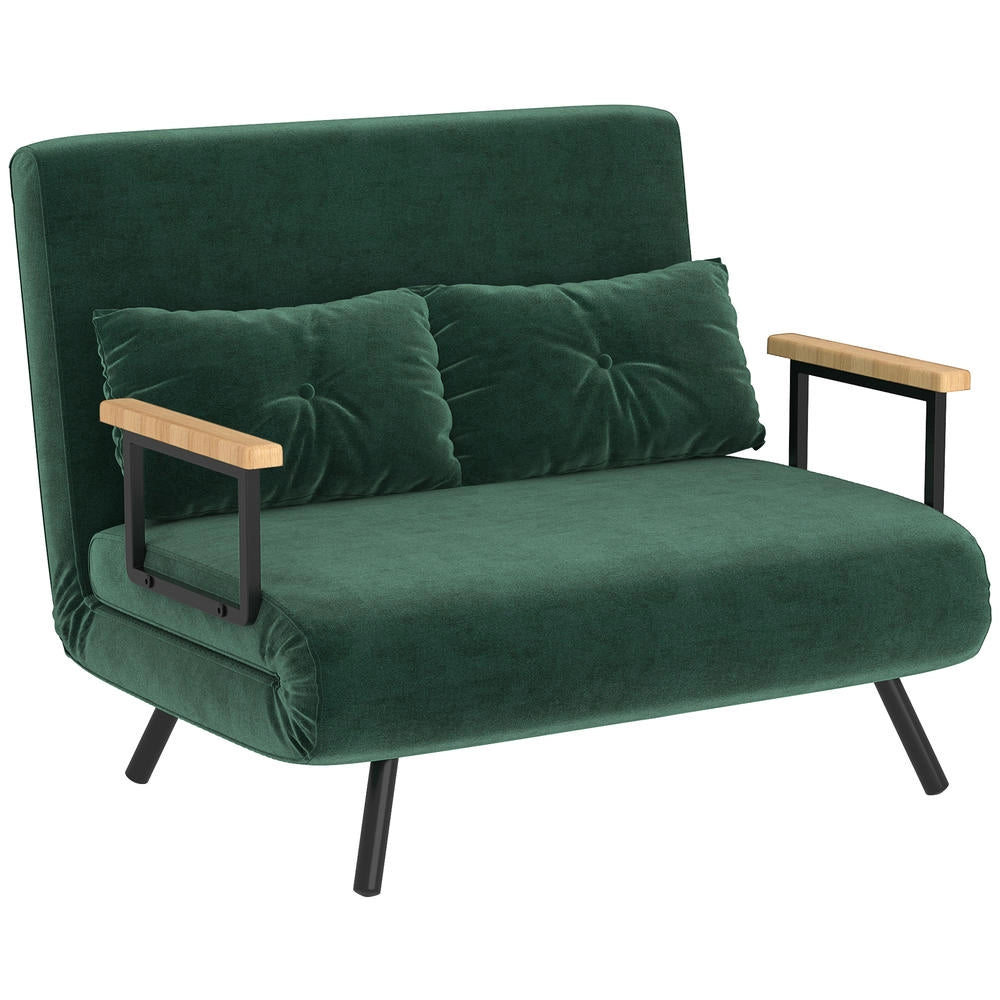 Divano letto 4 in 1 a 2 posti in tessuto effetto velluto verde 183x98,5cm, schienale regolabile salvaspazio per casa