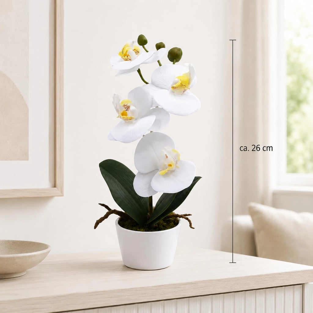 Orchidea artificiale in vaso, color crema, 26 cm, facile da curare
