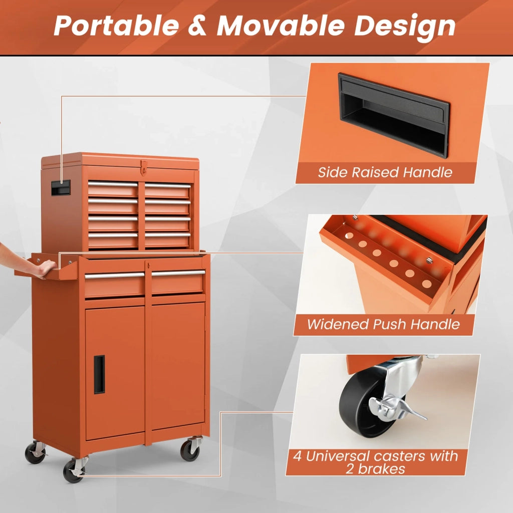 2-in-1 Rolling Tool Chest with 5 Sliding Lockable Drawers-Orange