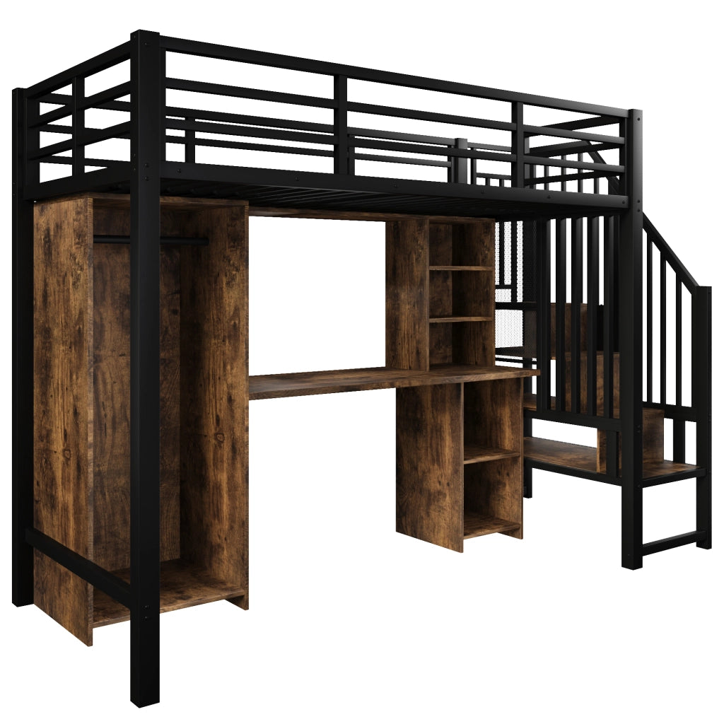 Letto a soppalco 90x200 cm nero con scrivania e armadio