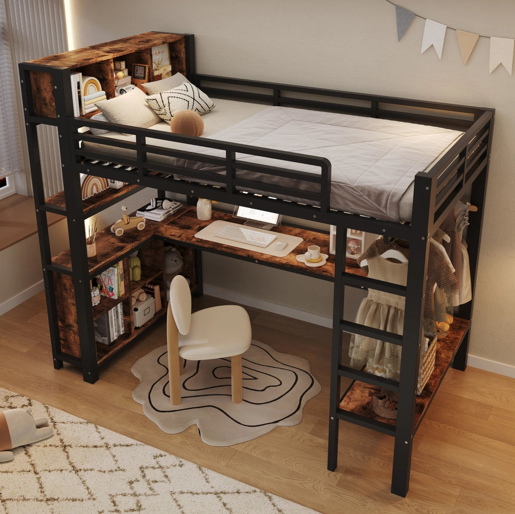 Letto a soppalco 90x200 cm con scrivania e guardaroba