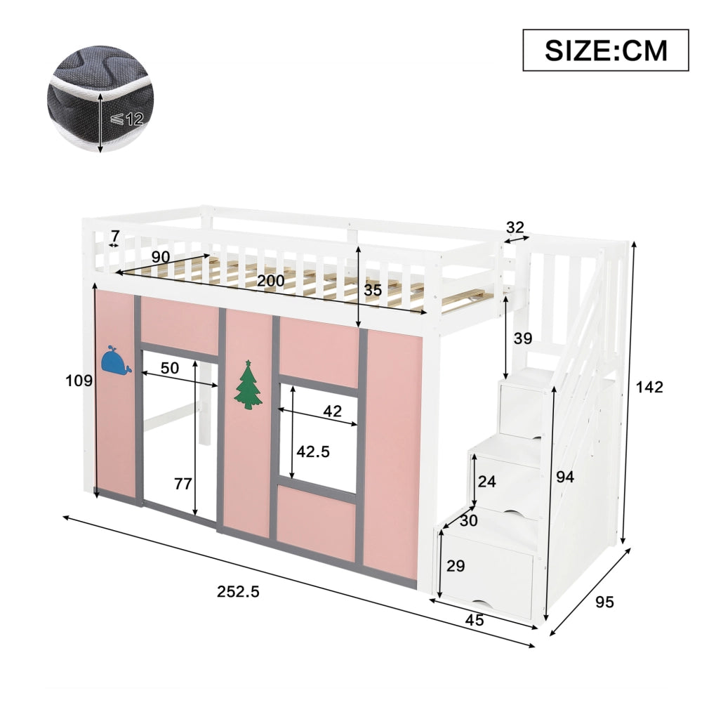 Letto semi-soppalco per bambini 90x200 cm con scala contenitore e LED; bianco e rosa