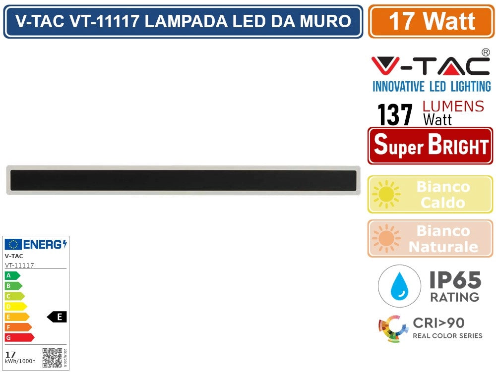V-TAC VT-11117 LAMPADA LED DA MURO 17W WALL LAMP SMD APPLIQUE CRI≥90 IP65 COLORE NERO - Colore Luce:Bianco Caldo
