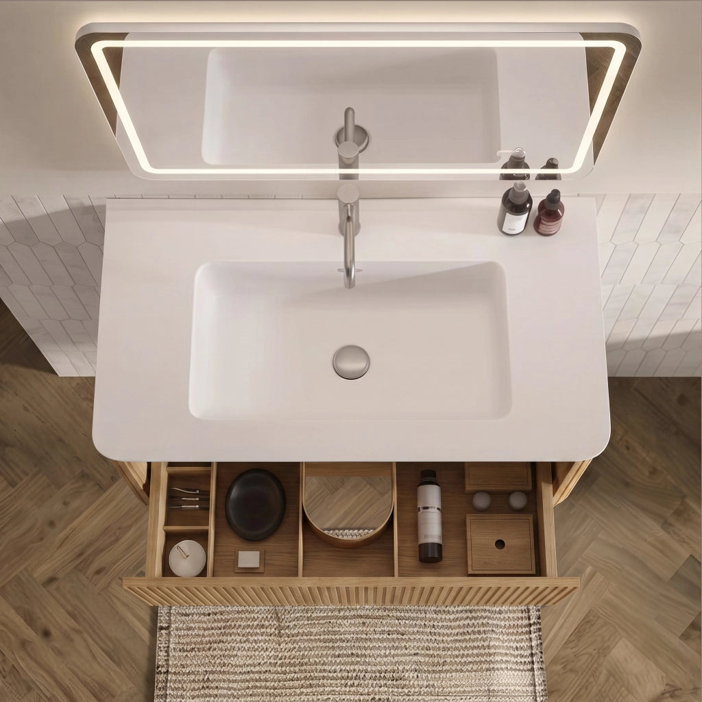 Mobile da bagno sospeso con lavabo integrato e specchio LED regolabile in MDF compensato vetro e solid surface rovere