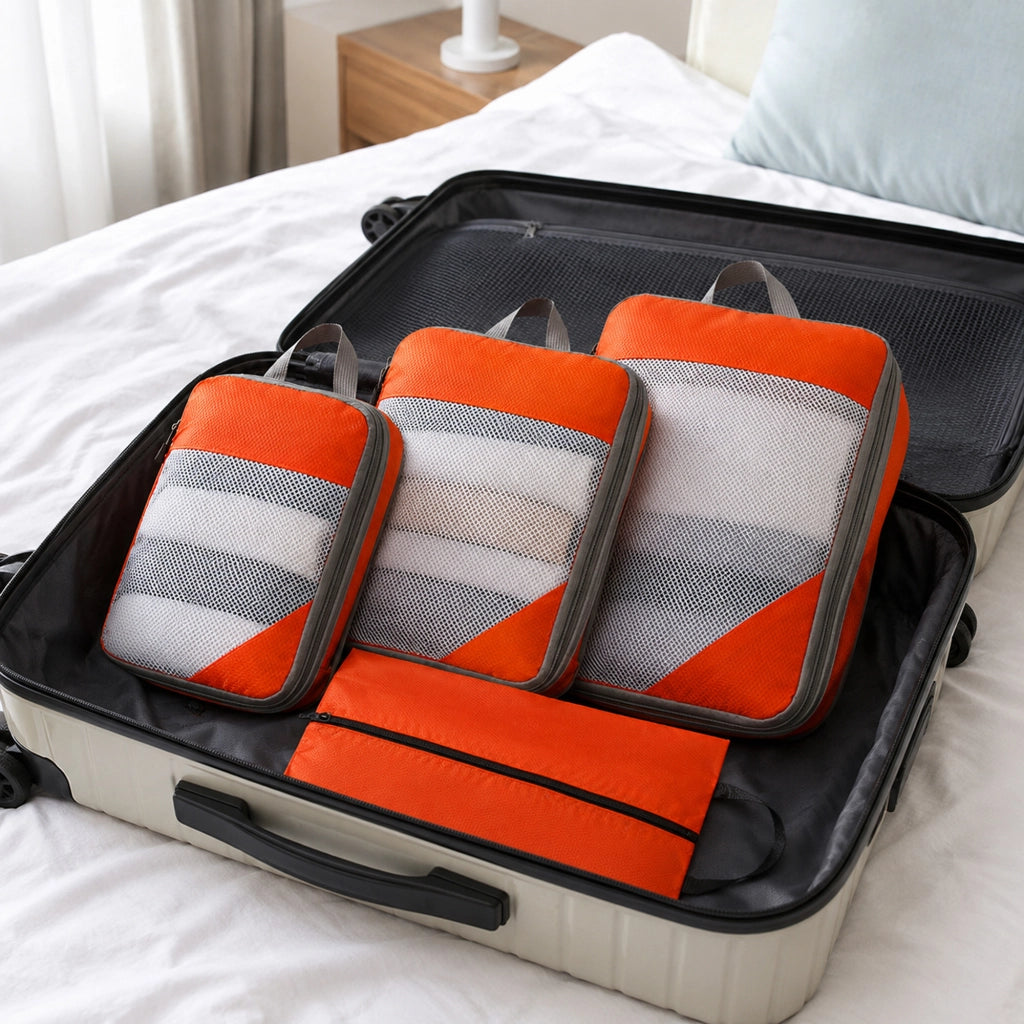 Set di 4 organizer da viaggio comprimibili arancioni