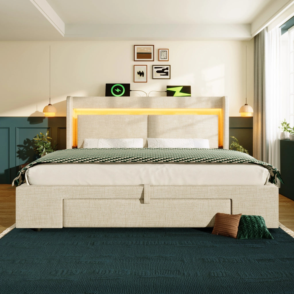 Letto con cassetti 140 ¡Á 200 cm con due comodini mobili LED USB e USB-C in legno bianco