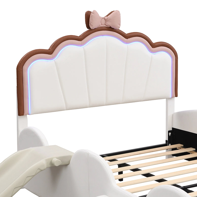 Letto per bambini a farfalla 140 × 200 cm con scivolo e scala LED multicolore in PU rosa e bianco