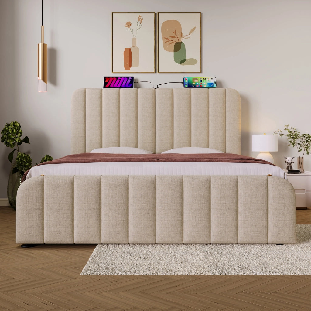 Letto matrimoniale imbottito 140x200 beige con contenitore