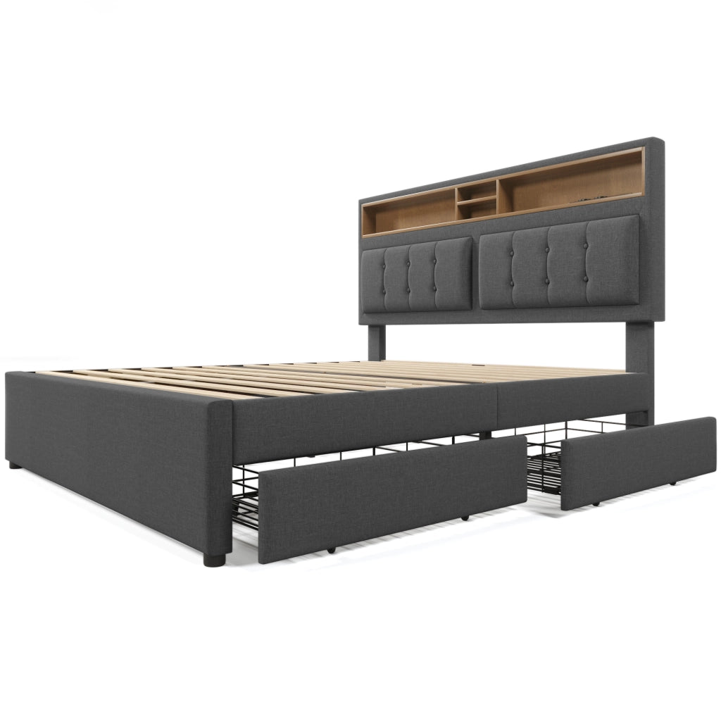 Letto matrimoniale imbottito 140x200 cm con quattro cassetti