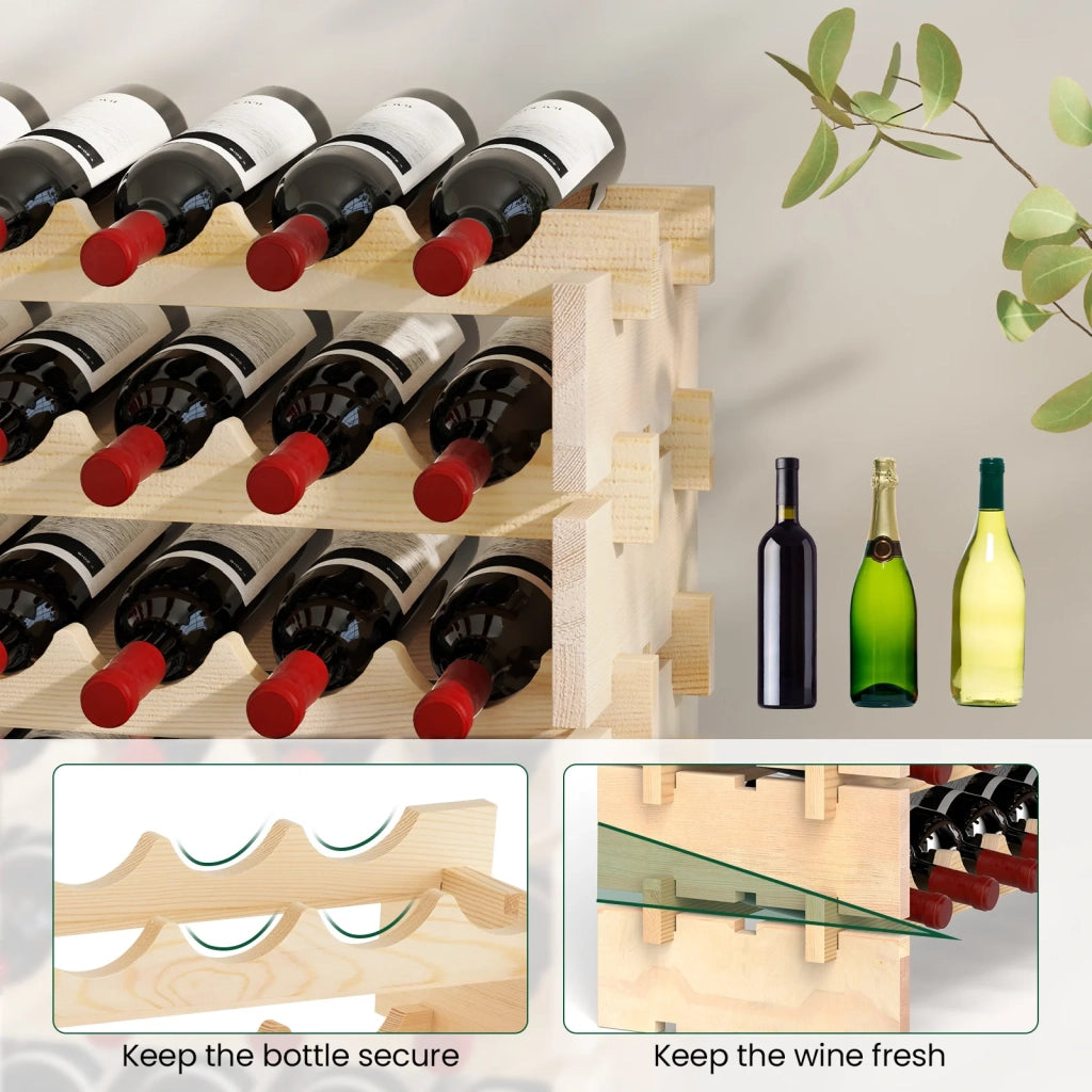 Stackable Modular Wine Rack for 108 Bottles 9 Tier Wooden Wine Rack Freestanding Wine Display Shelf Natural