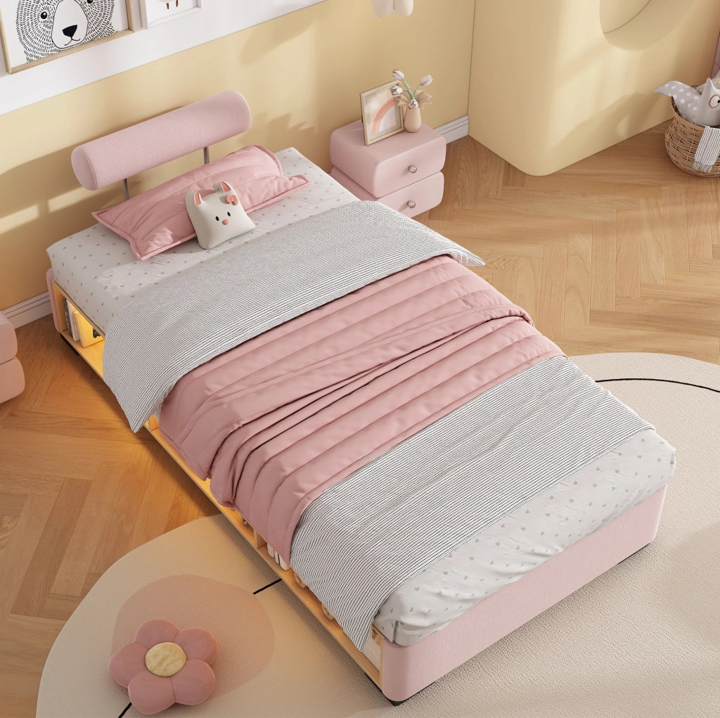 Letto per bambini imbottito 90x200 cm con LED e ripiani aperti in velluto rosa