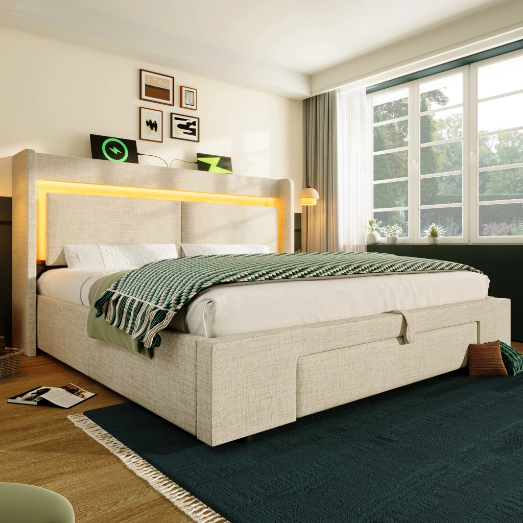 Letto imbottito beige 160x200 cm con contenitore