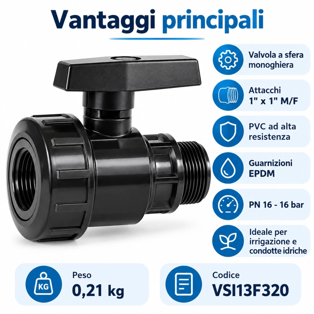 Valvola Sfera Monoghiera PVC Maschio Femmina 1 Pollice Irritec 3MF
