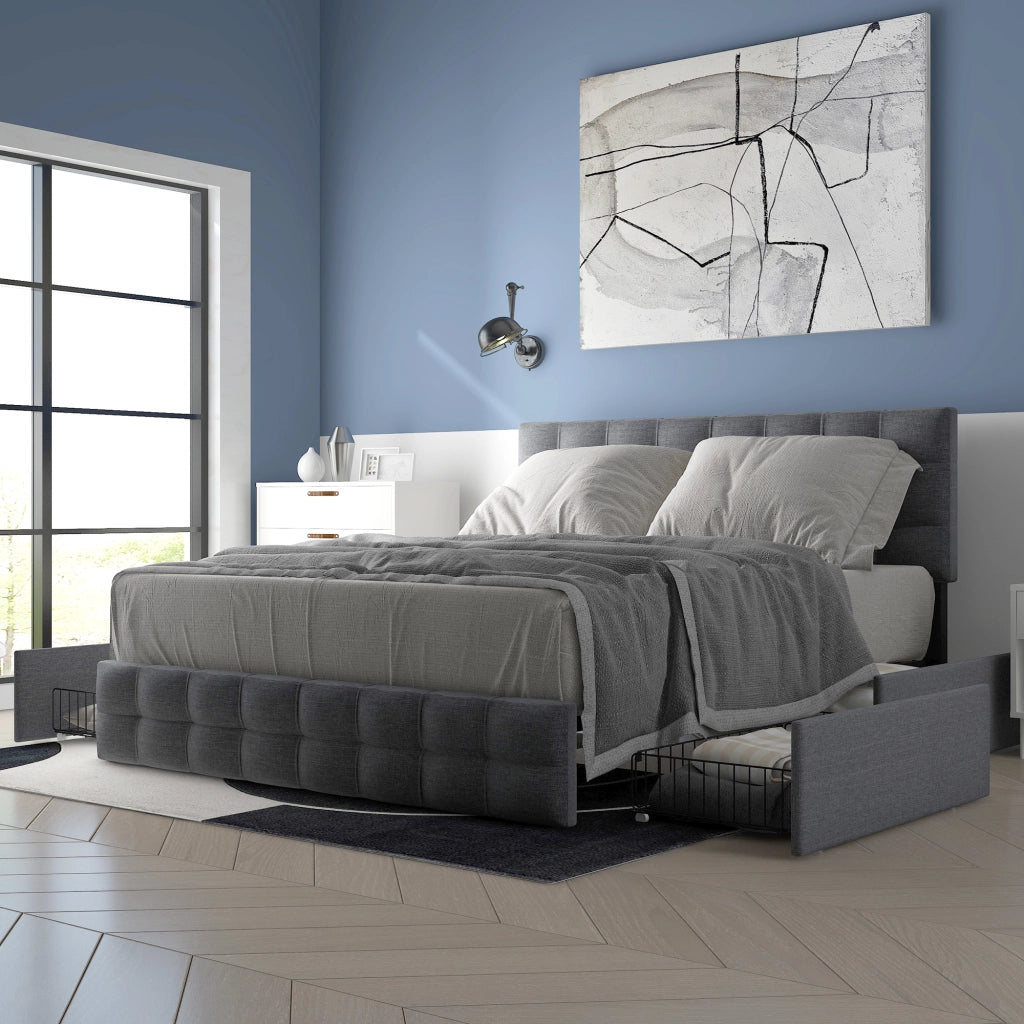 Letto contenitore grigio 140x200 cm con 4 cassetti e materasso
