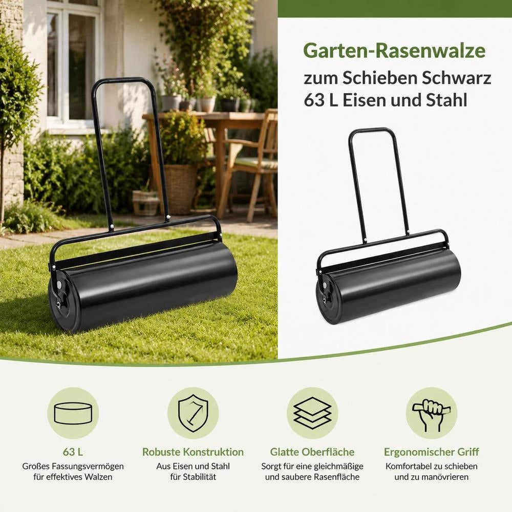 Push Garden Lawn Roller, Black, 63 L, Iron And Steel