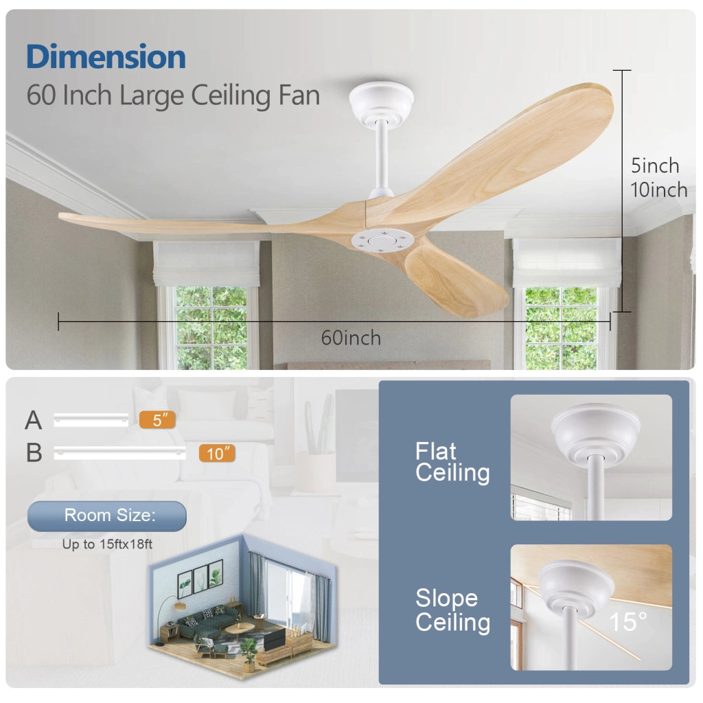 Ventilatore da soffitto 60 pollici senza luce ¨C Minimal ¨C colore legno naturale impermeabile design Mid-Century per esterno giardino
