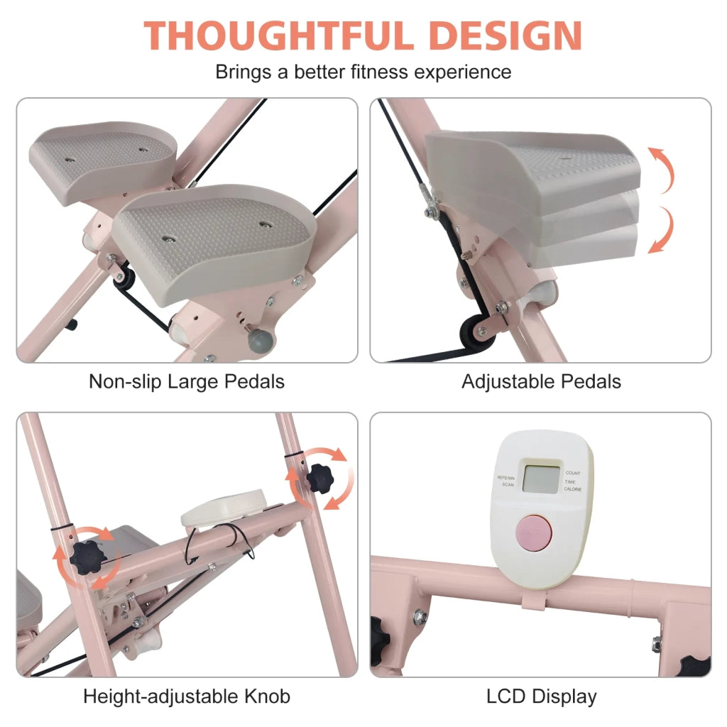 Stepper pieghevole verticale per cardio e allenamento totale, con manubrio, rosa e bianco