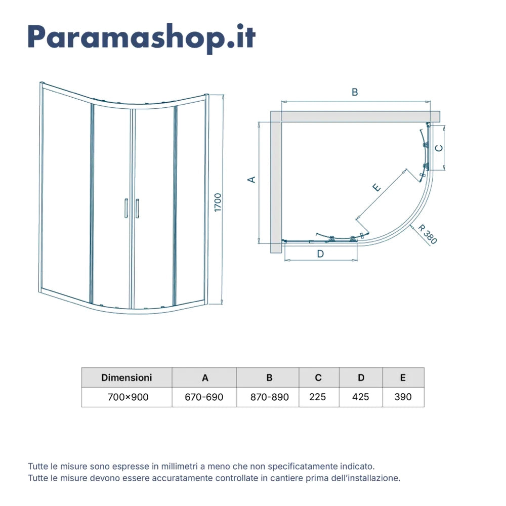 Box doccia 70x90cm semicircolare apertura scorrevole cristallo 6mm trasparente h170 | Java