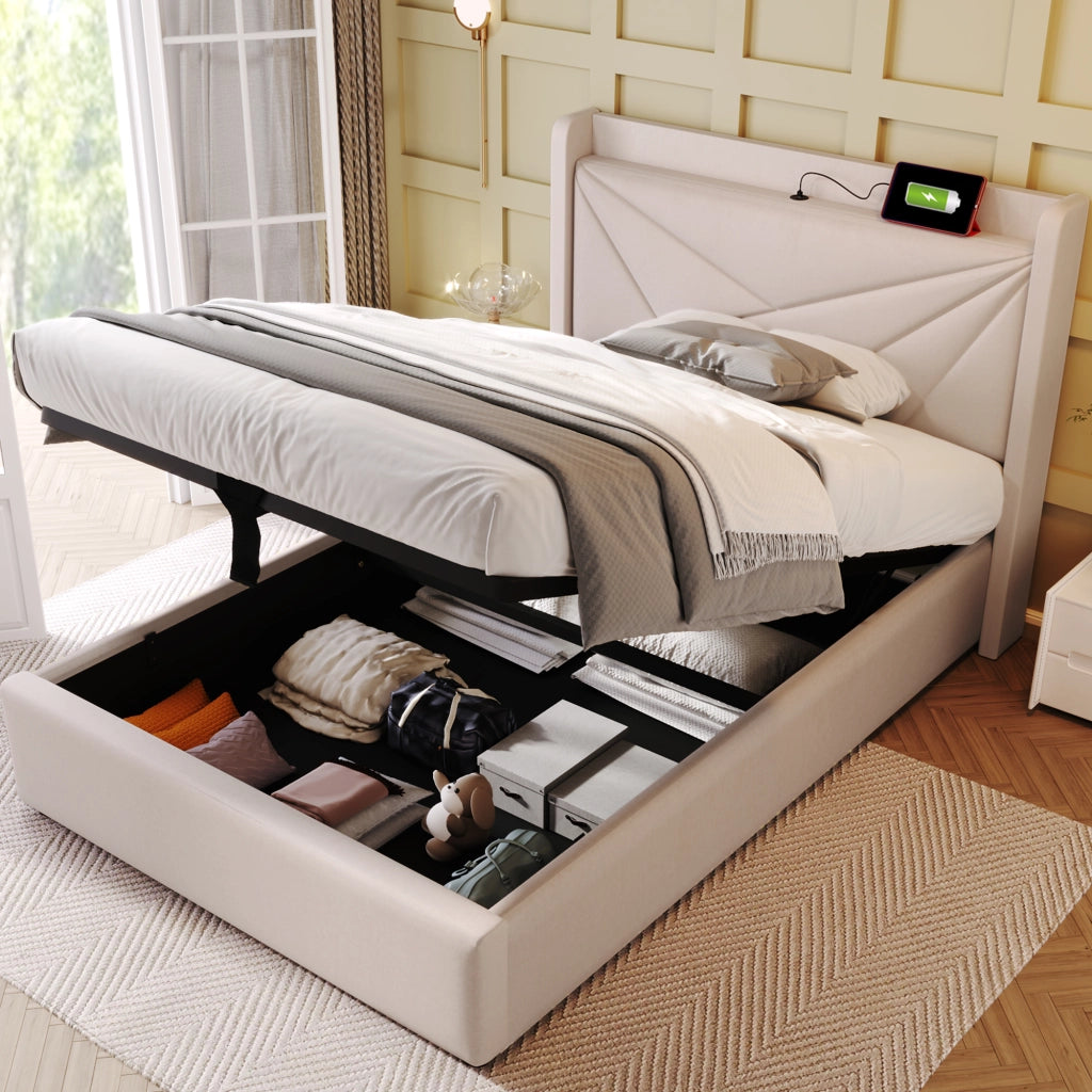 Letto singolo contenitore 90x200 beige con testiera geometrica