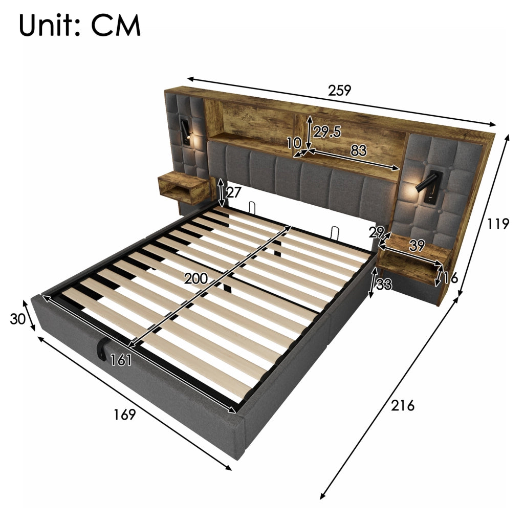 Letto 160x200 in lino con contenitore; lampade; comodini e USB Type-C; grigio
