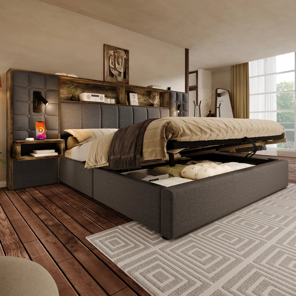 Letto 160x200 in lino con contenitore; lampade; comodini e USB Type-C; grigio