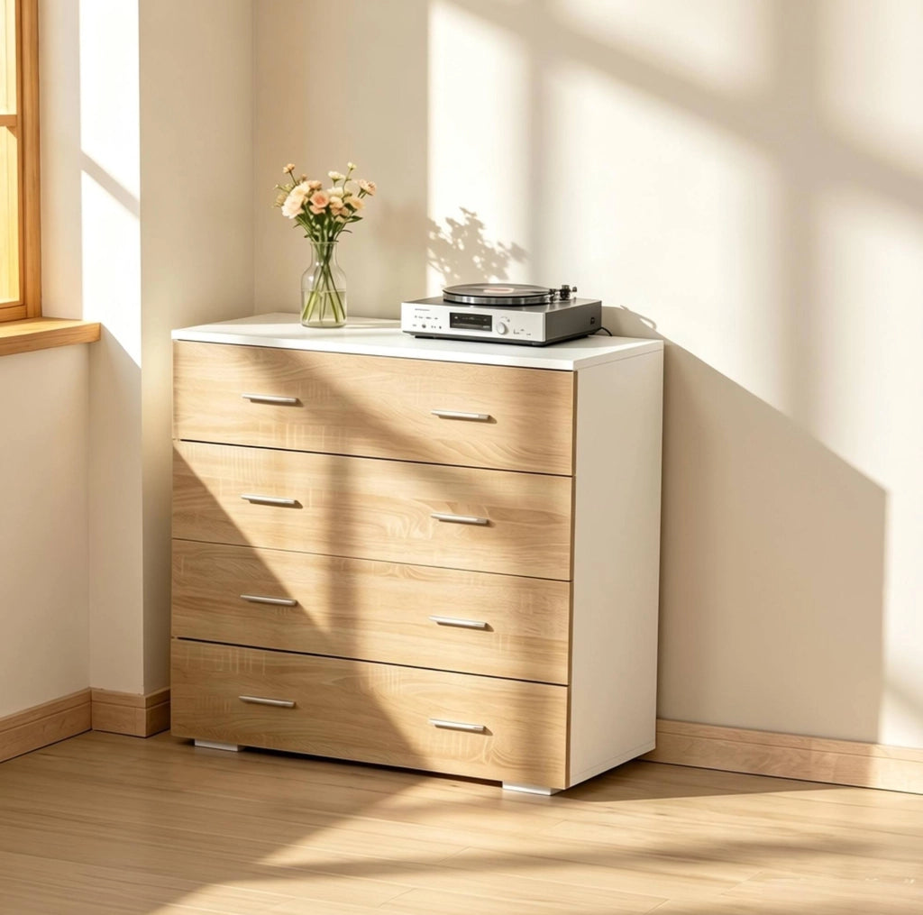 Cassettiera 4 cassetti bianco e legno chiaro 76x35x72 cm
