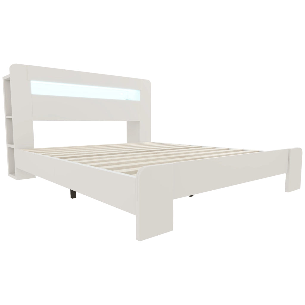 Letto 140x200 cm bianco con testiera a vani; LED e prese integrate