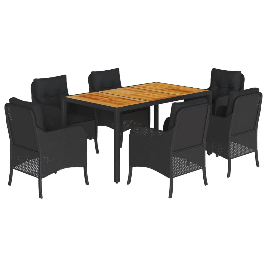 Set da Pranzo da Giardino 7 pz Nero con Cuscini in Polyrattan