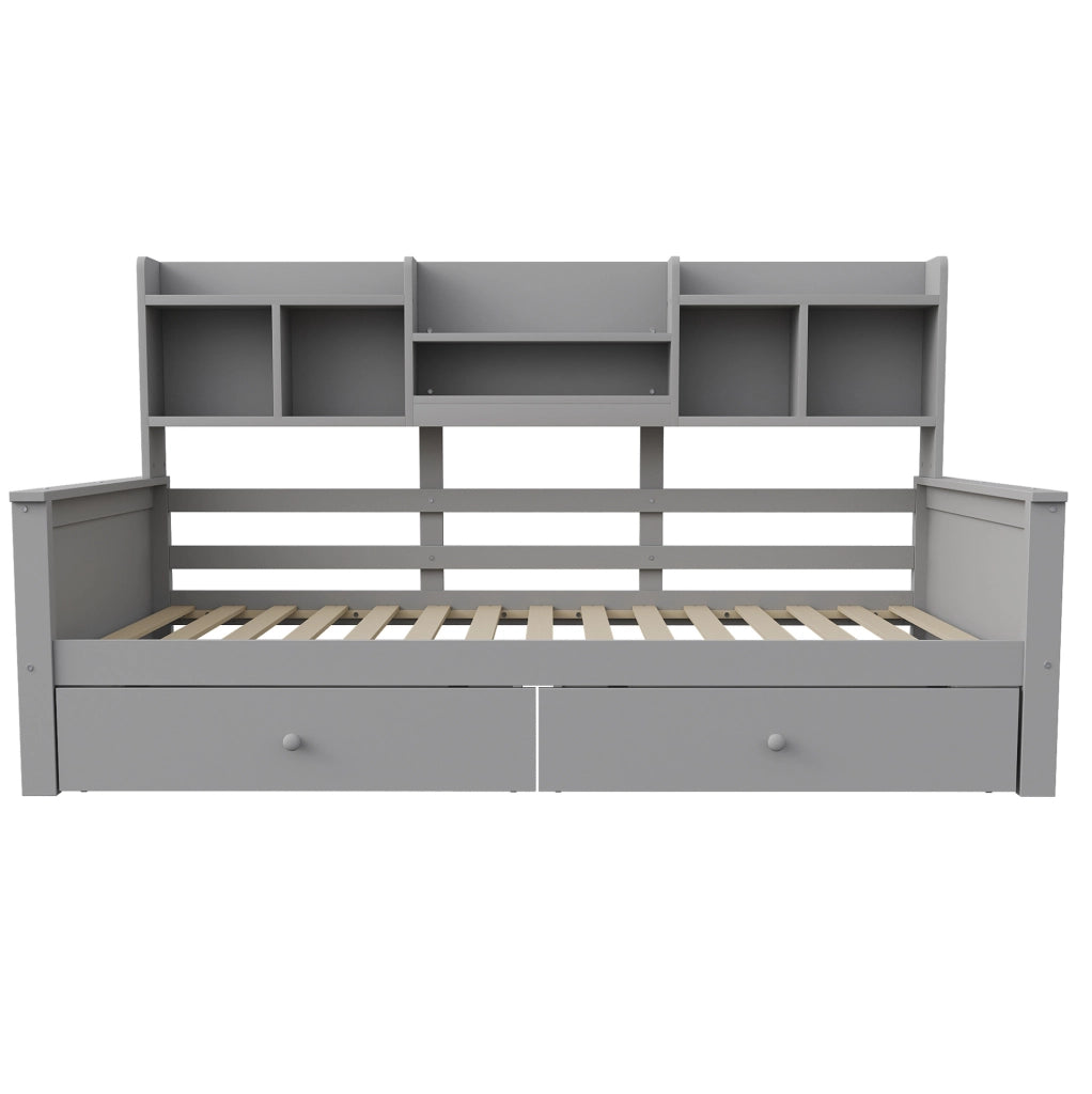 Letto divano singolo 90x200 cm con cassetti e ripiani grigio