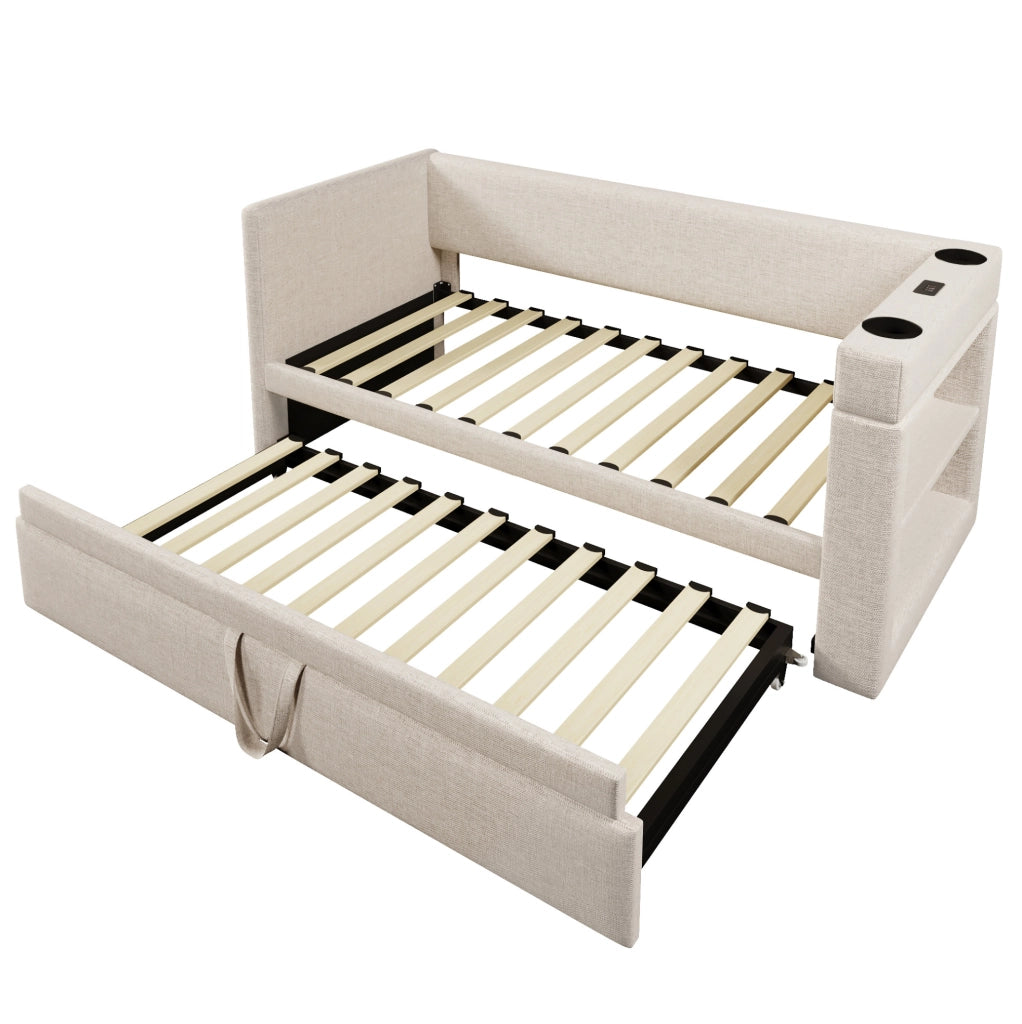 Daybed imbottito 90x190 cm con letto estraibile, USB, Type-C e portabicchieri