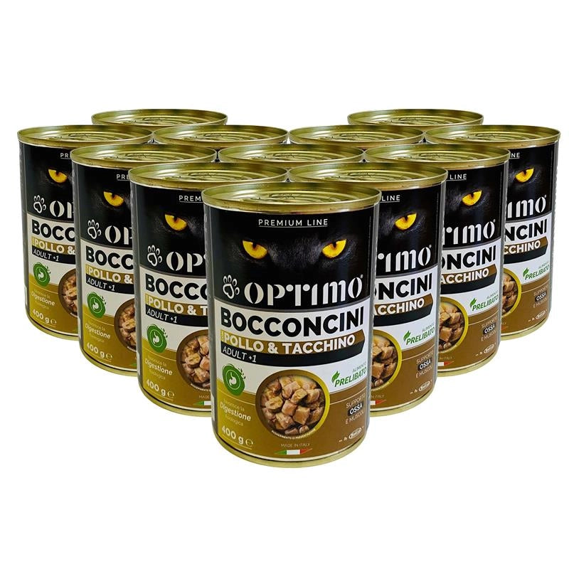 OPTIMO SET 12 BOCCONCINI PER GATTO AL GUSTO POLLO E TACCHINO DA 400 GR