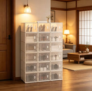 Set 18 scatole portascarpe ULEVR 25x18,5x35,5 cm impilabili con coperchio frontale, plastica trasparente e bianca