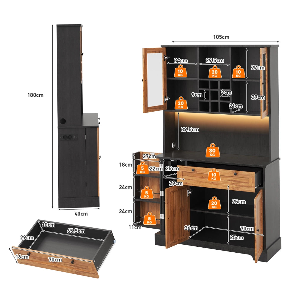 Mobile cucina con LED, prese e portabottiglie 180x105x40 cm