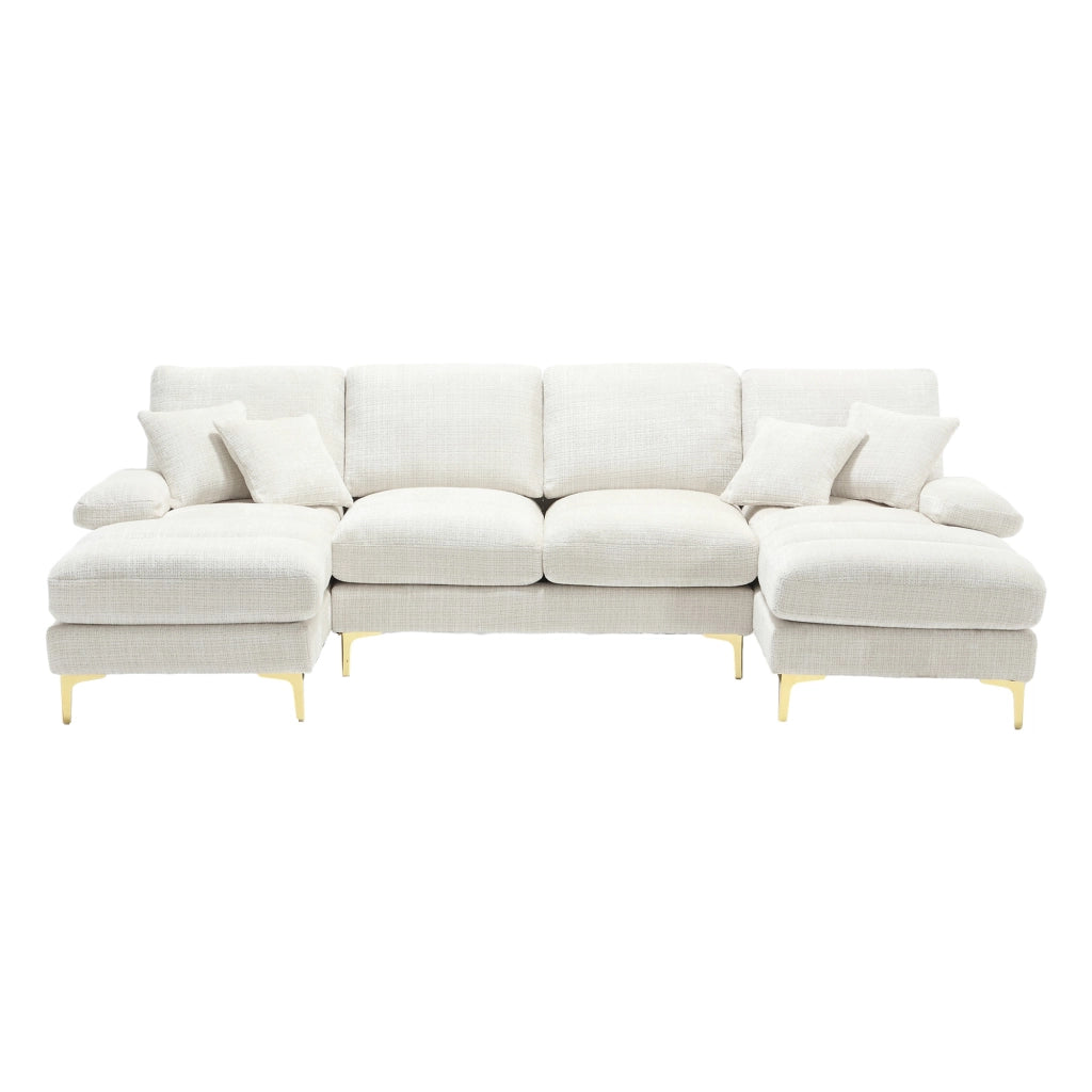 Divano Panoramico a U 4 Posti con 2 Chaise Longue e Cuscini; Struttura in Legno in Ciniglia Beige
