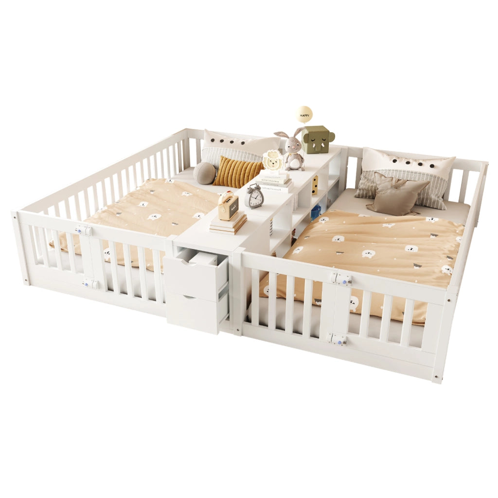 Letto doppio in legno 90x200 cm con scaffale e 2 cassetti; bianco
