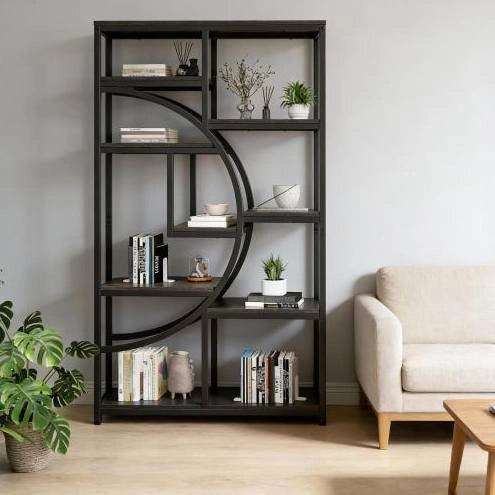 Libreria moderna in metallo nero con mensole rustiche, 9 ripiani aperti, versatile e autoportante