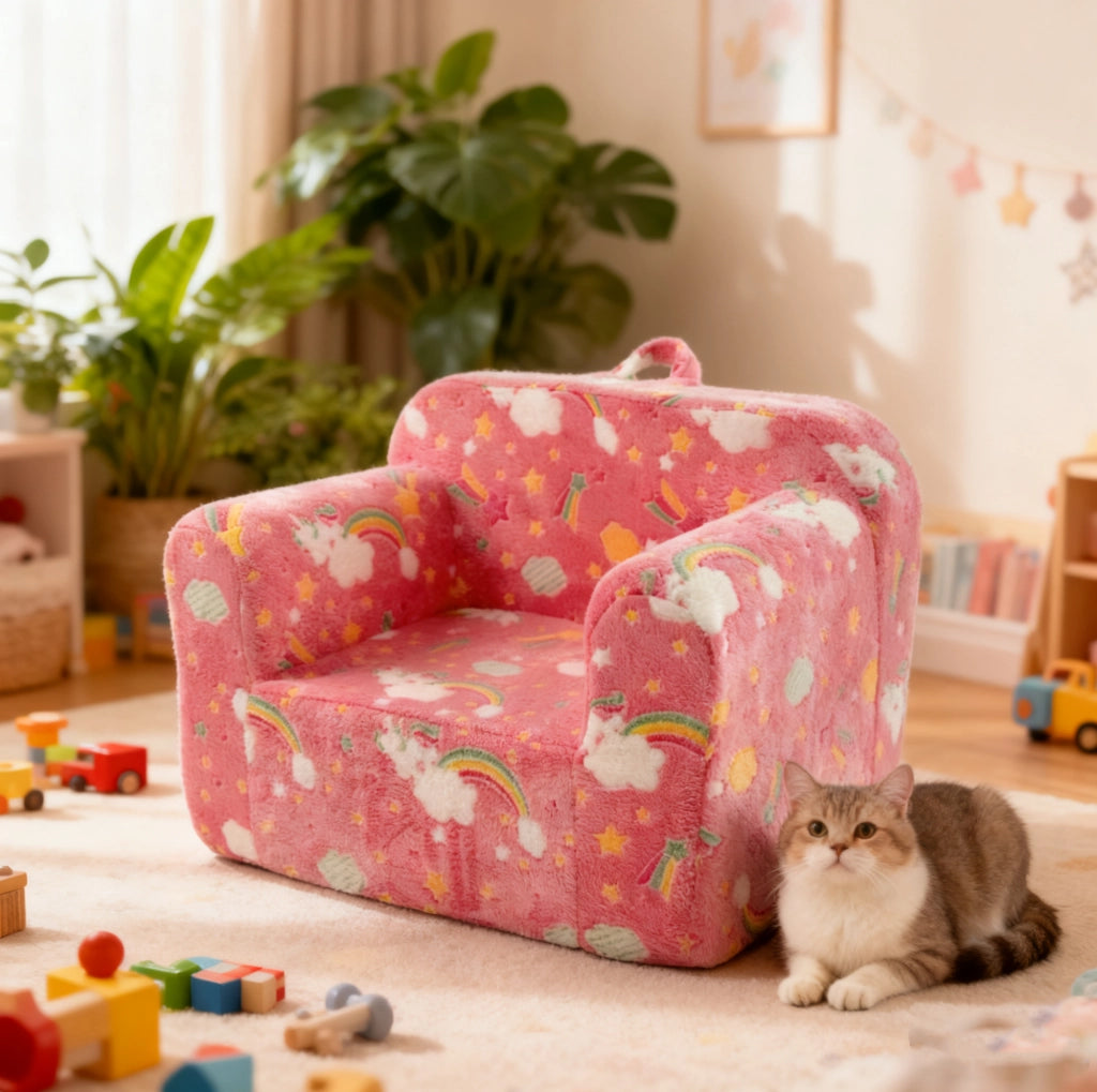 Poltroncina per bambini rosa con braccioli; rivestimento lavabile e motivo luminoso