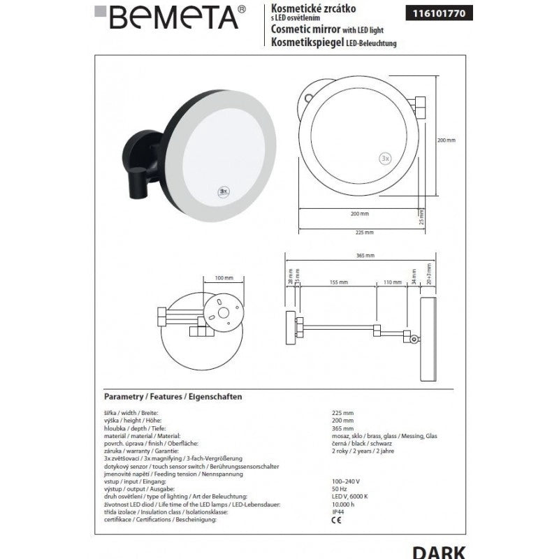 Specchio doccia con illuminazione a LED e sensore touch in ottone nero / ø 20cm