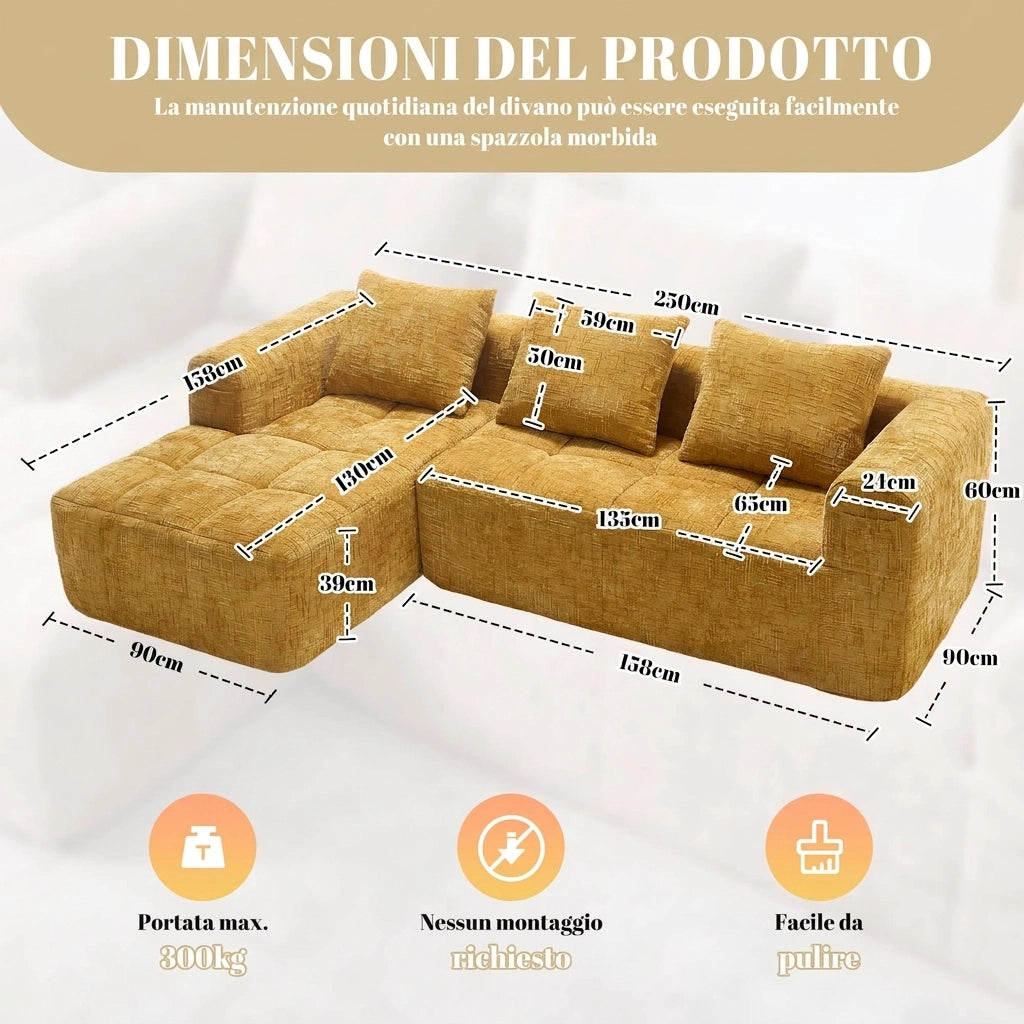 Divano componibile 3 posti in ciniglia gialla con chaiselongue; 250 cm