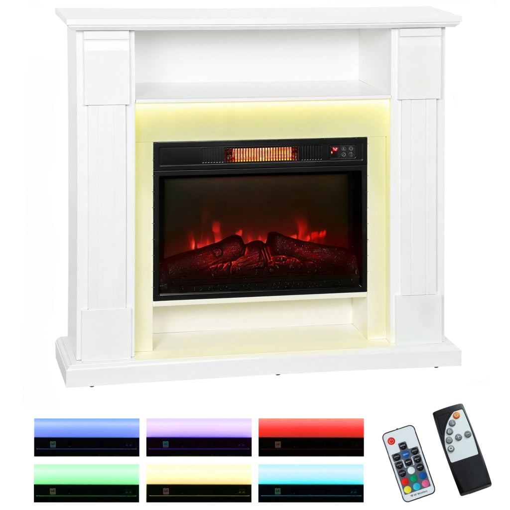 Camino Elettrico 1800W Regolabile con Fiamma 3D, Ripiano, Timer e Telecomando, 105x27x97 cm, Bianco