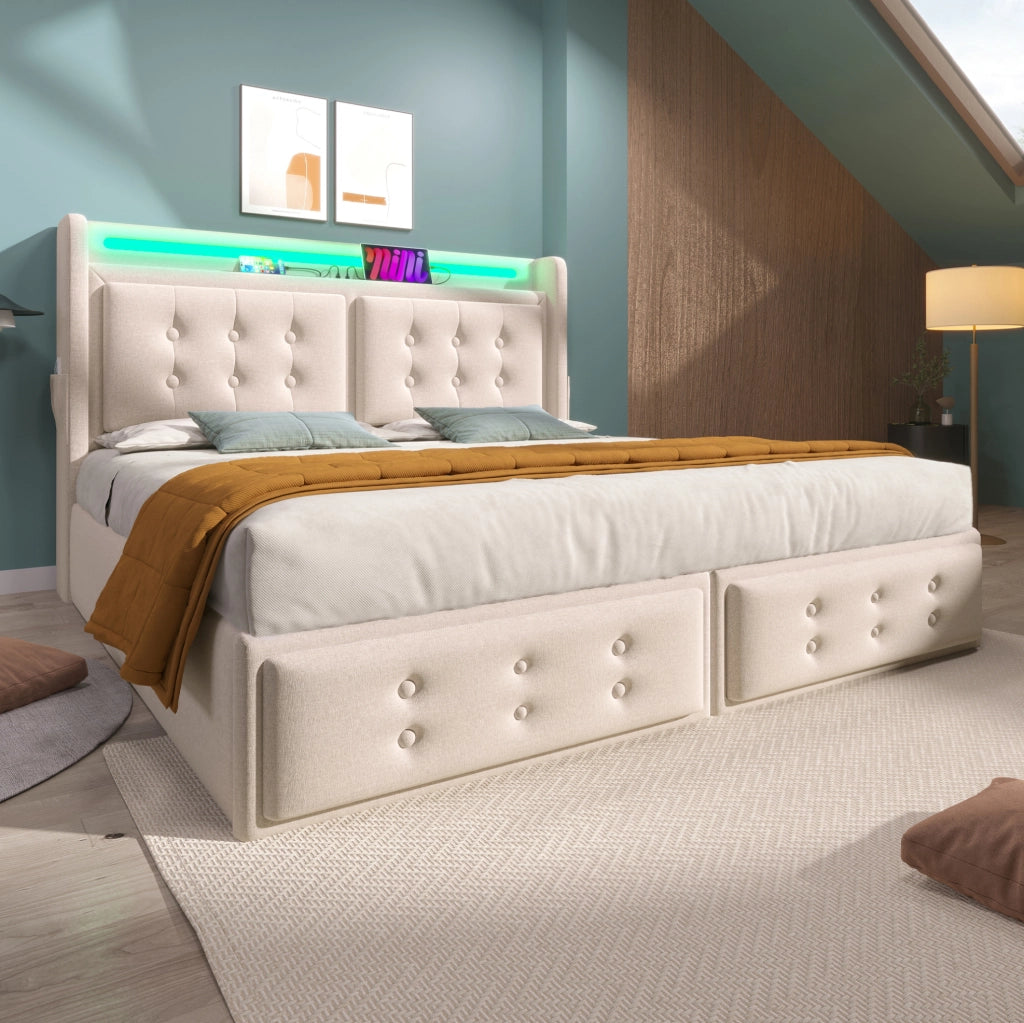 LETTO Contenitore 160x200 cm Beige in Cotone e Metallo con LED e prese USB