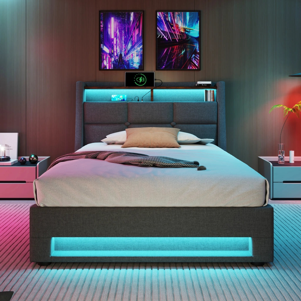 Letto singolo imbottito 90x200 cm con contenitore e luci LED