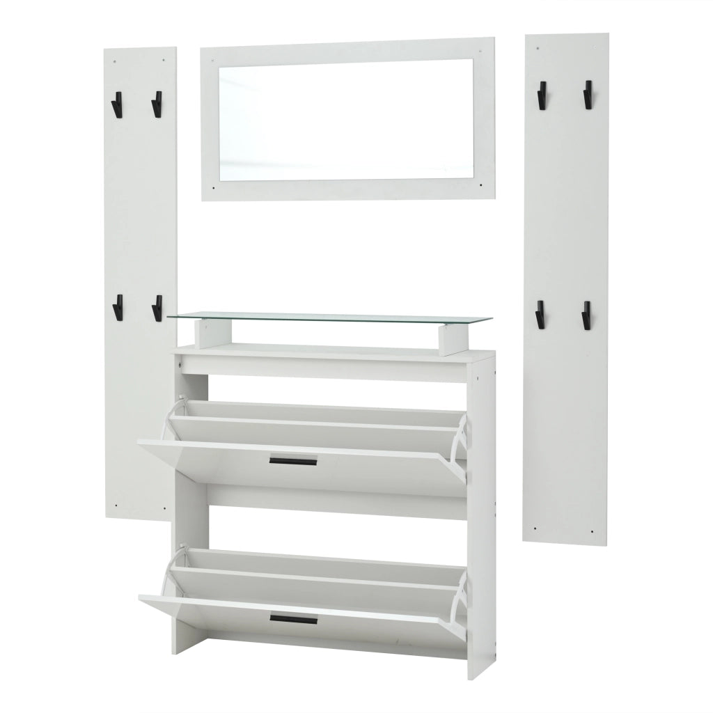 Set Mobili Ingresso 4 Pezzi Scarpiera Bianco Lucido Specchio e Appendiabiti